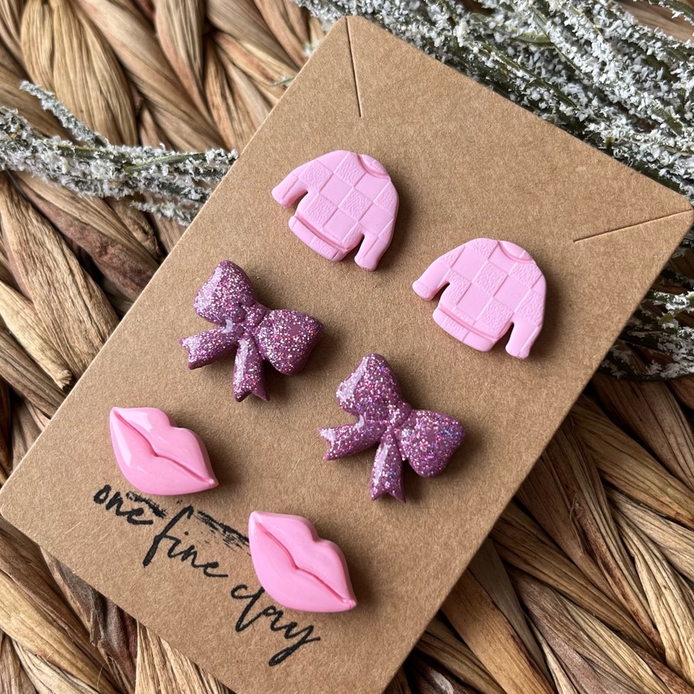 3-Piece Set Earring Set | Sweaters, Glitter Bows, and Lips